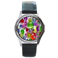 Colorful Bubbles Squares Background Round Metal Watch by Simbadda