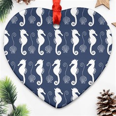 Seahorse And Shell Pattern Heart Ornament (two Sides) by Simbadda