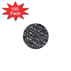 Digitally Created Peacock Feather Pattern In Black And White 1  Mini Buttons (100 Pack)  by Simbadda