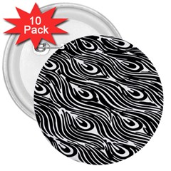 Digitally Created Peacock Feather Pattern In Black And White 3  Buttons (10 Pack)  by Simbadda