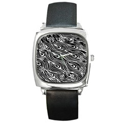 Digitally Created Peacock Feather Pattern In Black And White Square Metal Watch by Simbadda