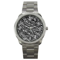 Digitally Created Peacock Feather Pattern In Black And White Sport Metal Watch by Simbadda