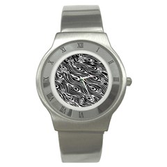 Digitally Created Peacock Feather Pattern In Black And White Stainless Steel Watch by Simbadda