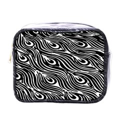 Digitally Created Peacock Feather Pattern In Black And White Mini Toiletries Bags by Simbadda