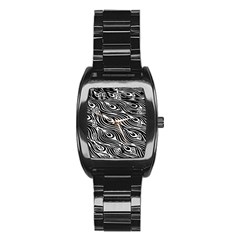 Digitally Created Peacock Feather Pattern In Black And White Stainless Steel Barrel Watch by Simbadda