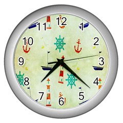 Vintage Seamless Nautical Wallpaper Pattern Wall Clocks (silver)  by Simbadda