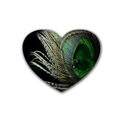 Feather Peacock Drops Green Rubber Coaster (heart)  by Simbadda