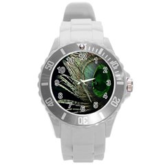 Feather Peacock Drops Green Round Plastic Sport Watch (l) by Simbadda