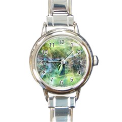 Digitally Painted Abstract Style Watercolour Painting Of A Peacock Round Italian Charm Watch by Simbadda