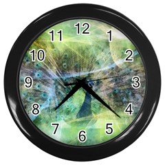 Digitally Painted Abstract Style Watercolour Painting Of A Peacock Wall Clocks (black) by Simbadda