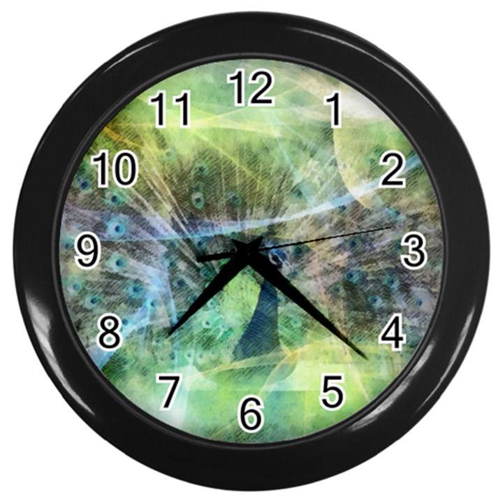 Digitally Painted Abstract Style Watercolour Painting Of A Peacock Wall Clocks (Black)