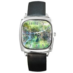 Digitally Painted Abstract Style Watercolour Painting Of A Peacock Square Metal Watch by Simbadda