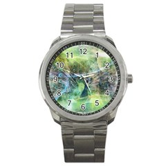 Digitally Painted Abstract Style Watercolour Painting Of A Peacock Sport Metal Watch by Simbadda