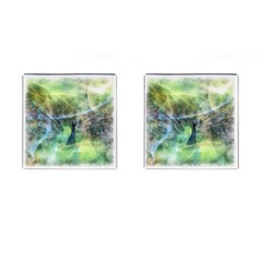 Digitally Painted Abstract Style Watercolour Painting Of A Peacock Cufflinks (square) by Simbadda