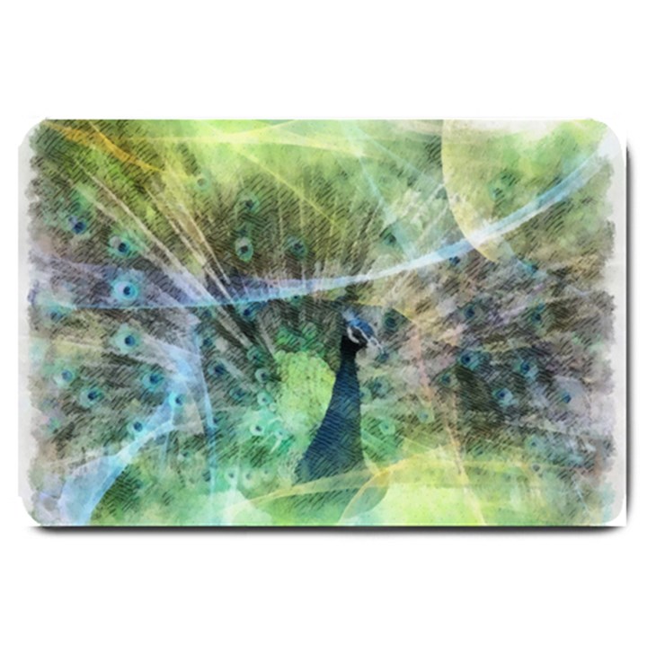 Digitally Painted Abstract Style Watercolour Painting Of A Peacock Large Doormat 