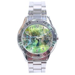 Digitally Painted Abstract Style Watercolour Painting Of A Peacock Stainless Steel Analogue Watch by Simbadda