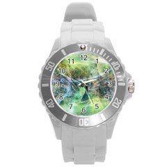 Digitally Painted Abstract Style Watercolour Painting Of A Peacock Round Plastic Sport Watch (l) by Simbadda