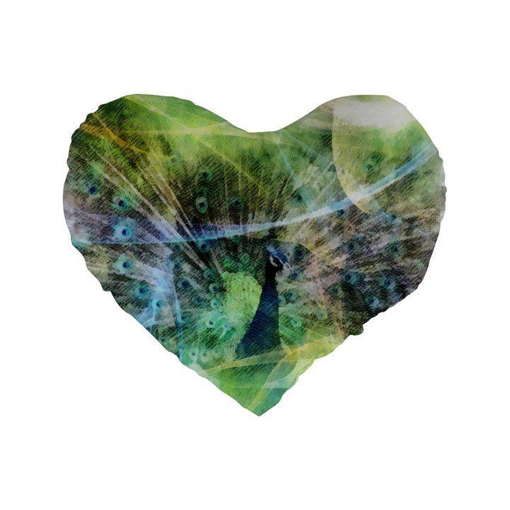 Digitally Painted Abstract Style Watercolour Painting Of A Peacock Standard 16  Premium Heart Shape Cushions