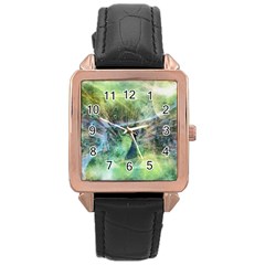 Digitally Painted Abstract Style Watercolour Painting Of A Peacock Rose Gold Leather Watch  by Simbadda