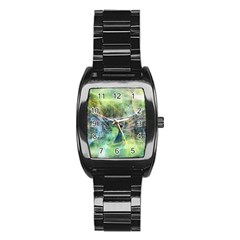 Digitally Painted Abstract Style Watercolour Painting Of A Peacock Stainless Steel Barrel Watch by Simbadda