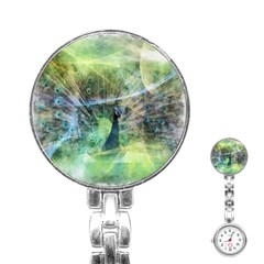 Digitally Painted Abstract Style Watercolour Painting Of A Peacock Stainless Steel Nurses Watch by Simbadda