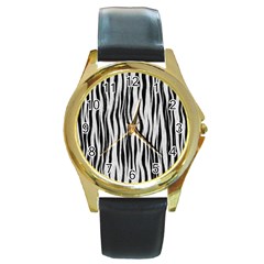 Black White Seamless Fur Pattern Round Gold Metal Watch by Simbadda