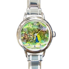 Peacock Digital Painting Round Italian Charm Watch by Simbadda