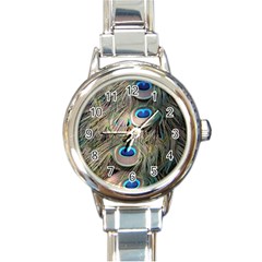 Colorful Peacock Feathers Background Round Italian Charm Watch by Simbadda