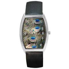 Colorful Peacock Feathers Background Barrel Style Metal Watch by Simbadda