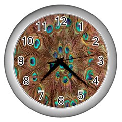 Peacock Pattern Background Wall Clocks (silver)  by Simbadda