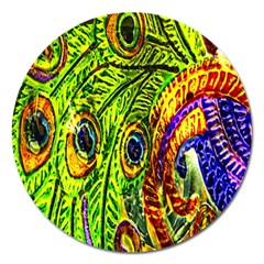 Glass Tile Peacock Feathers Magnet 5  (round) by Simbadda