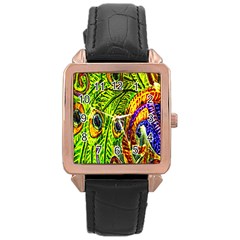 Glass Tile Peacock Feathers Rose Gold Leather Watch  by Simbadda