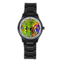 Glass Tile Peacock Feathers Stainless Steel Round Watch by Simbadda