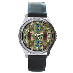 Beautiful Peacock Feathers Seamless Abstract Wallpaper Background Round Metal Watch by Simbadda