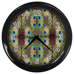 Beautiful Peacock Feathers Seamless Abstract Wallpaper Background Wall Clocks (black) by Simbadda