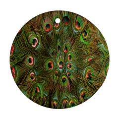 Peacock Feathers Green Background Ornament (round) by Simbadda