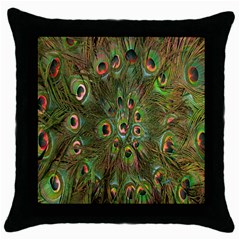 Peacock Feathers Green Background Throw Pillow Case (black) by Simbadda