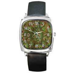 Peacock Feathers Green Background Square Metal Watch by Simbadda