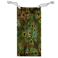 Peacock Feathers Green Background Jewelry Bag by Simbadda