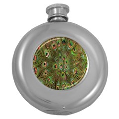 Peacock Feathers Green Background Round Hip Flask (5 Oz) by Simbadda