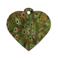 Peacock Feathers Green Background Dog Tag Heart (two Sides) by Simbadda