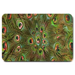 Peacock Feathers Green Background Large Doormat  by Simbadda