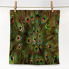 Peacock Feathers Green Background Face Towel by Simbadda