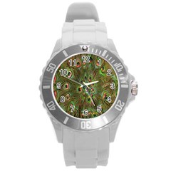 Peacock Feathers Green Background Round Plastic Sport Watch (l) by Simbadda