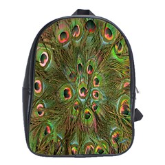 Peacock Feathers Green Background School Bags (xl)  by Simbadda