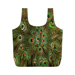 Peacock Feathers Green Background Full Print Recycle Bags (m)  by Simbadda