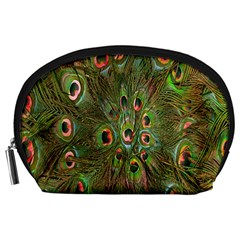 Peacock Feathers Green Background Accessory Pouches (large)  by Simbadda