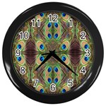 Beautiful Peacock Feathers Seamless Abstract Wallpaper Background Wall Clocks (Black) Front