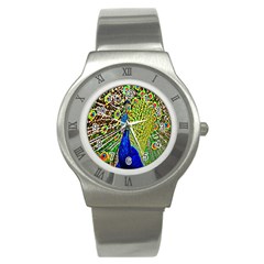 Graphic Painting Of A Peacock Stainless Steel Watch by Simbadda