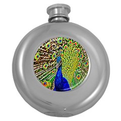 Graphic Painting Of A Peacock Round Hip Flask (5 Oz) by Simbadda